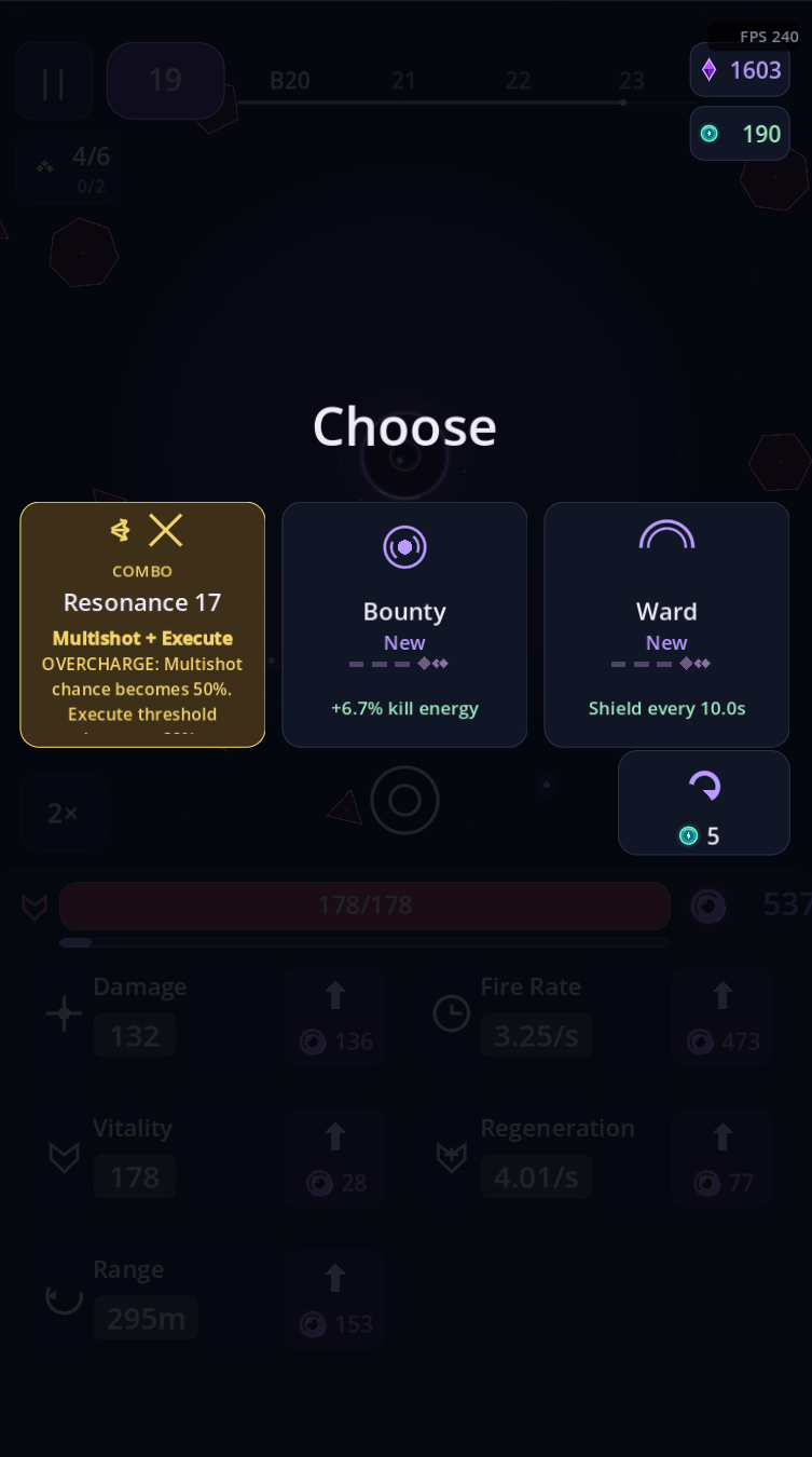 Perk choice screen unlocking the Resonance 17 combo from Multishot and Execute