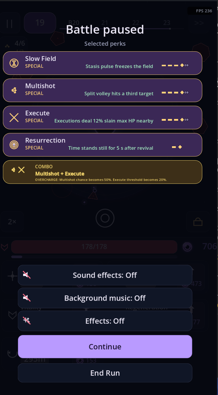 Battle paused screen listing every selected perk and the active combo