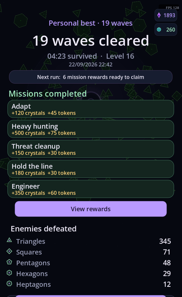 Run summary showing waves cleared, missions completed, and enemies defeated